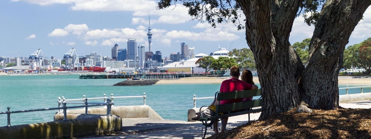 Couple sitting under a tree by the waterfront city landscape in the distance